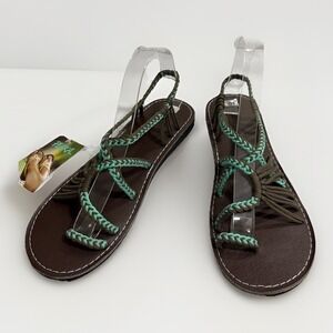 Plaka Palm Leaf Flat Sandals Women's Size 10 Turquoise Brown Hand Woven Boho